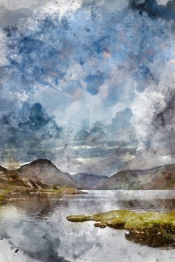 Yaz sonlarında Wasdale Vadisi 'nin Scafell Pike, Great Gable ve Kirk Fell sıradağlarına bakan dijital suluboya resimleri.