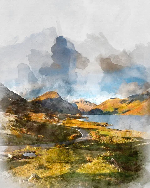 Digital Watercolor Painting Stunning Late Summer Landscape Image Wasdale Valley — Stock Photo, Image