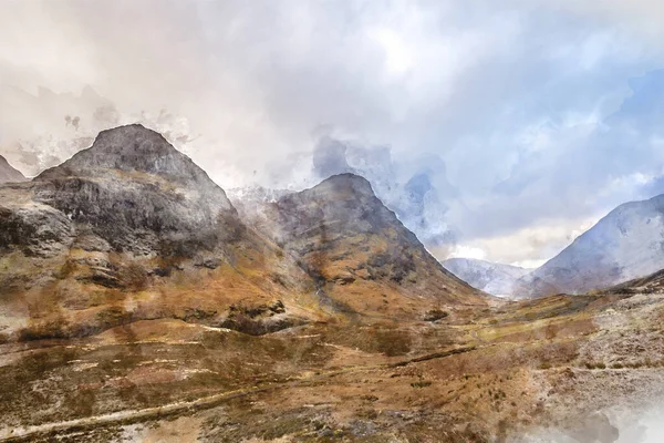 Pintura Aquarela Digital Imagem Dramática Paisagem Épica Três Irmãs Glencoe — Fotografia de Stock