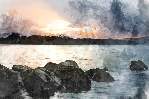 Aquarelle Numérique Image Paysage Majestueux Milarrochy Bay Sur Loch Lomond — Photo