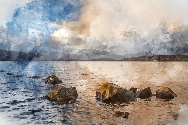 Pintura Aquarela Digital Imagem Majestosa Paisagem Milarrochy Bay Loch Lomond — Fotografia de Stock