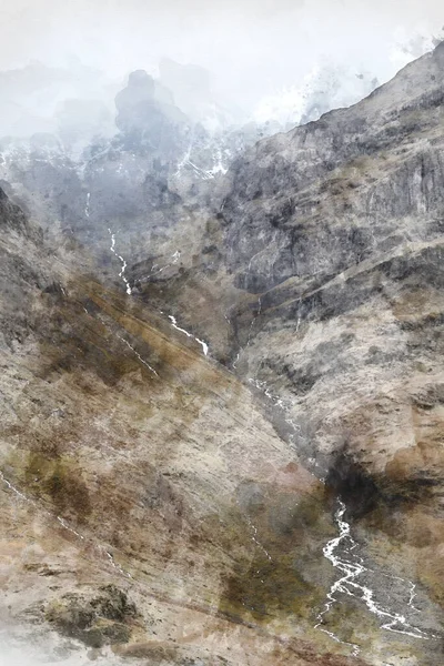 Digital Akvarellmålning Episk Dramatisk Landskapsbild Tre Systrar Glencoe Skotska Höglandet — Stockfoto