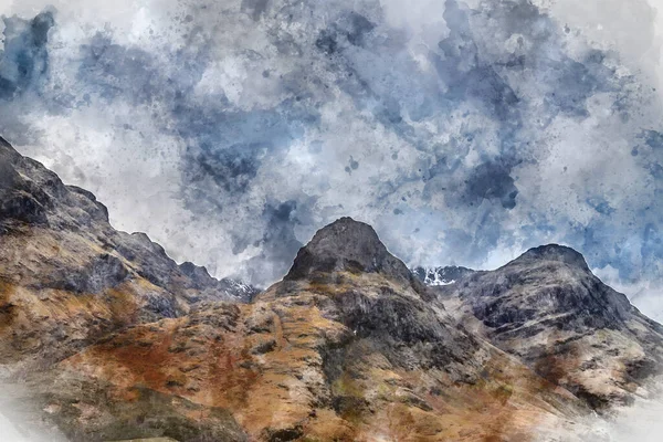 Pittura Digitale Acquerello Epica Drammatica Immagine Paesaggistica Tre Sorelle Glencoe — Foto Stock