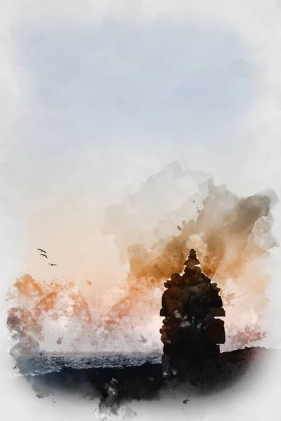 Digital Watercolour Painting Beautiful Silhouette Landscape Image Zen Rock Stack — 스톡 사진