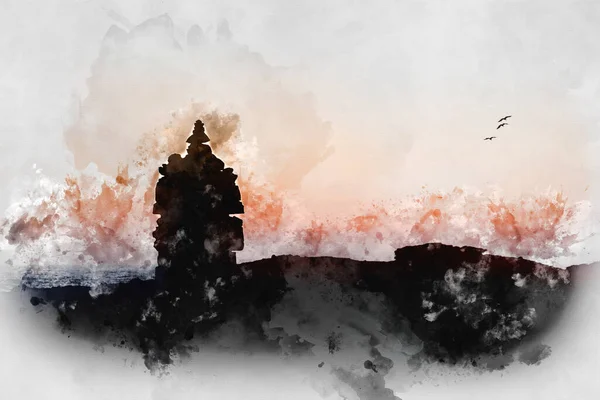 ภาพวาดส ตอลของภ ภาพเงาท สวยงามของเซนห นกองก บสดใสพระอาท ตกท สงบส — ภาพถ่ายสต็อก