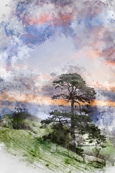Digitaalinen Akvarelli Maalaus Upea Kaunis Auringonnousu Maisema Kuva Colmer Hill — kuvapankkivalokuva