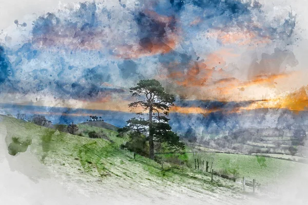 Цифровая Акварельная Живопись Потрясающего Красивого Пейзажа Восхода Солнца Холме Колмера — стоковое фото
