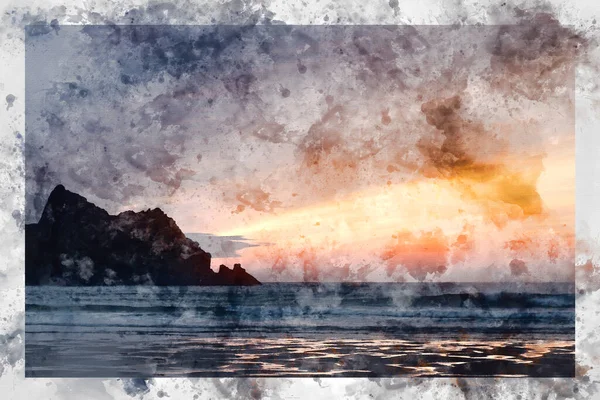 Pintura Digital Acuarela Imágenes Paisajes Absolutamente Impresionantes Playa Holywell Bay —  Fotos de Stock