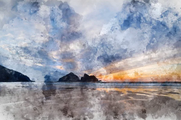 Pintura Aquarela Digital Imagens Absolutamente Deslumbrantes Paisagem Praia Holywell Bay — Fotografia de Stock