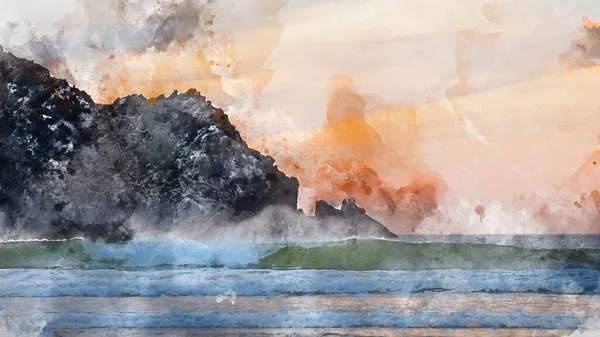 Aquarelle Numérique Paysages Absolument Superbes Images Plage Holywell Bay Cornouailles — Photo