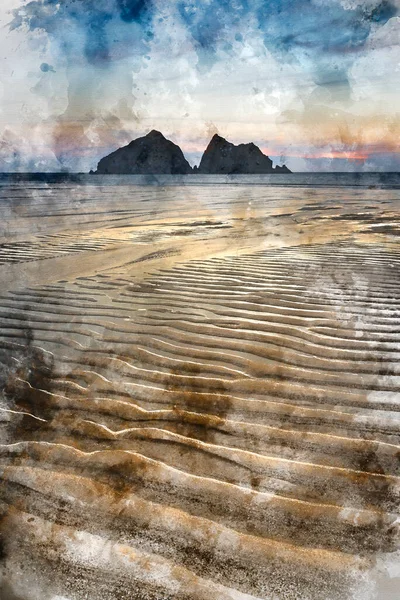 Pintura Digital Acuarela Imágenes Paisajes Absolutamente Impresionantes Playa Holywell Bay —  Fotos de Stock