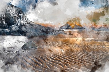 İlkbaharda altın hojur günbatımı sırasında İngiltere 'nin Cornwall' daki Holywell Körfezi plajının kesinlikle göz kamaştırıcı manzara resimlerinin dijital suluboya resmi.