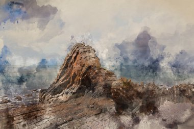 İngiltere 'de Devonian Jeolojik oluşumu üzerine Blackchurch Kayası' nın sersemletici hava aracının dijital suluboya resmi.
