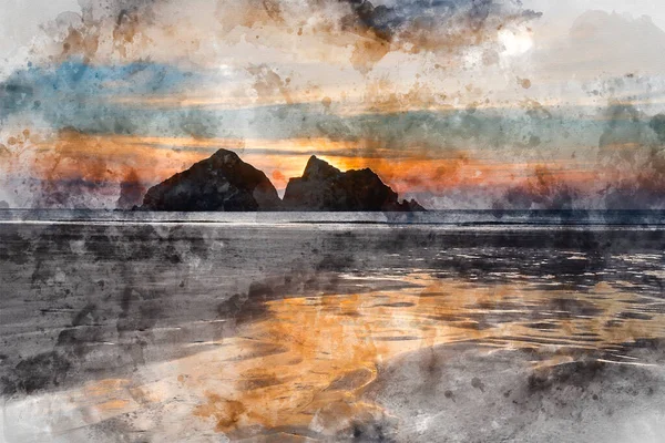 Цифровая Акварельная Живопись Абсолютно Потрясающих Пейзажных Изображений Пляжа Залива Холивелл — стоковое фото