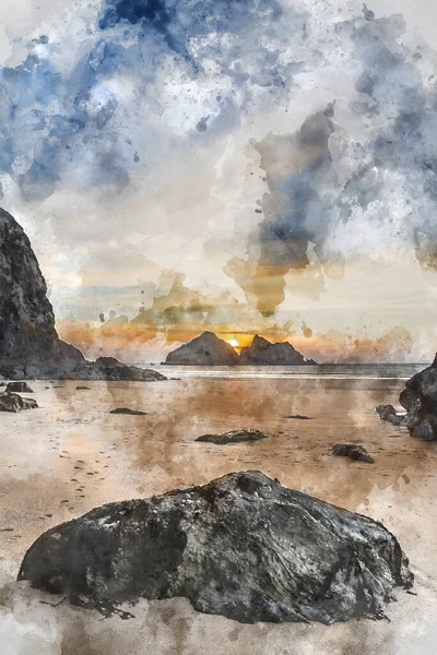 Pintura Aquarela Digital Imagens Absolutamente Deslumbrantes Paisagem Praia Holywell Bay — Fotografia de Stock