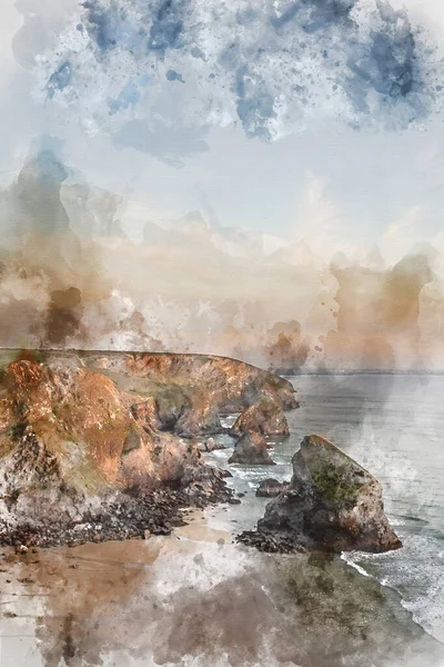 Bedruthan Basamakları Ndaki Cornwall Sahil Şeridinde Altın Saat Boyunca Göz — Stok fotoğraf
