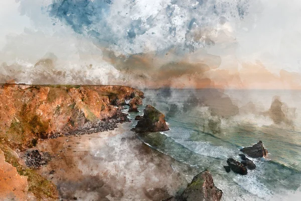 Digital Watercolour Painting Stunning Landscape Image Golden Hour Cornwall Coastline — Stock Photo, Image