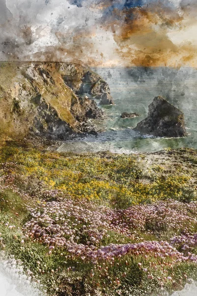 Bedruthan Basamakları Ndaki Cornwall Sahil Şeridinde Altın Saat Boyunca Göz — Stok fotoğraf