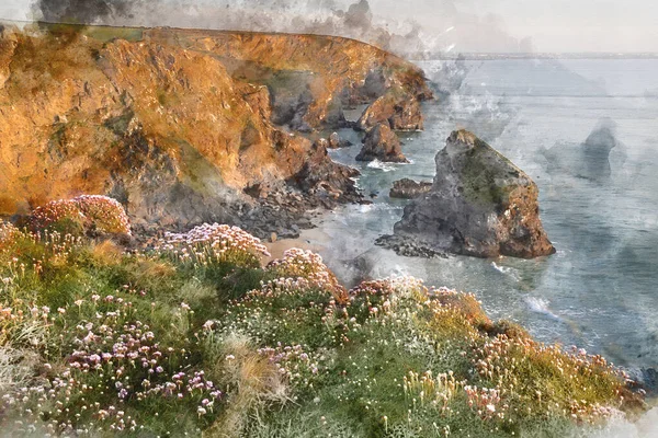 Digitaal Aquarelschilderij Van Schitterend Landschapsbeeld Tijdens Het Gouden Uur Aan — Stockfoto