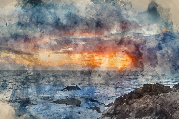 英格兰德文郡哈兰德码头美丽风景图像的数字式水彩画 — 图库照片