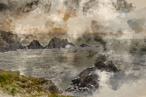 Digital Watercolour Painting Beautiful Landscape Image View Hartland Quay Devon — Stock Photo, Image