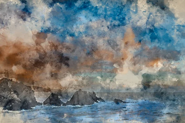 デジタル水彩画 デヴォン イングランドのハートランド キーからの美しい風景画春の夕日 — ストック写真