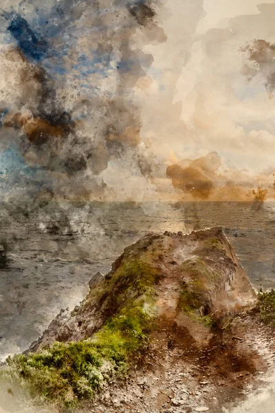 Digital Watercolor Painting Beautiful Landscape Image View Hartland Quay Devon — 스톡 사진