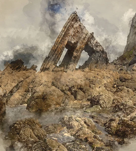 Ψηφιακή Ακουαρέλα Ζωγραφική Του Όμορφου Τοπίου Εικόνα Του Blackchurch Rock — Φωτογραφία Αρχείου