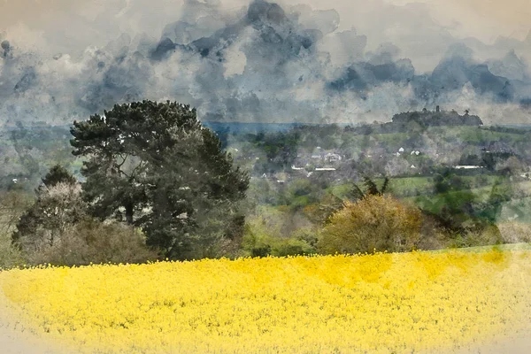 Digital Akvarellmålning Vacker Jordbruksraps Fält Engelsk Landsbygd Landskap Våren Morgon — Stockfoto