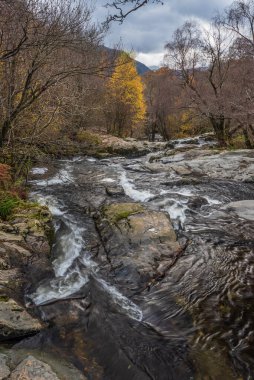 Göl Bölgesi 'ndeki Aira Force Upper Falls' un renkli sonbaharda çekilmiş destansı manzara görüntüsü