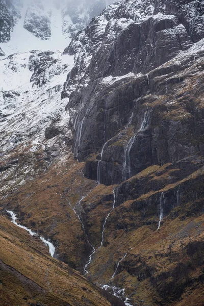 Epic Winter Landscape Image Snowcapped Three Sisters Mountain Range Glencoe — Stock Photo, Image