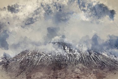 İskoçya 'daki dramatik gökyüzü ile güzel kış manzarasının dijital suluboya resmi