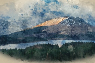 Epik güzel kış gündoğumu manzarasının dijital suluboya tablosu dağ sırasındaki parlayan ışığın ve İskoç Highlands 'taki Loch Tulla' nın zirvelerinin.