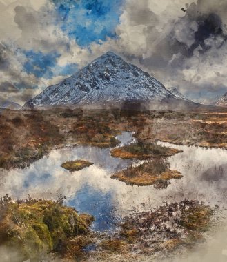 Önplanda Etive Nehri 'nin dijital suluboya resmi ve arkasında da Stob Dearg Buachaille Etive Mor Dağı var.