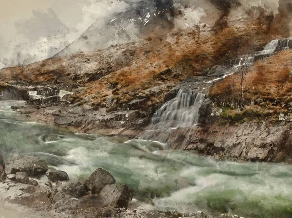 Digital Watercolour Painting Beautiful Winter Landscape Image River Etive Skyfall — Stock Photo, Image