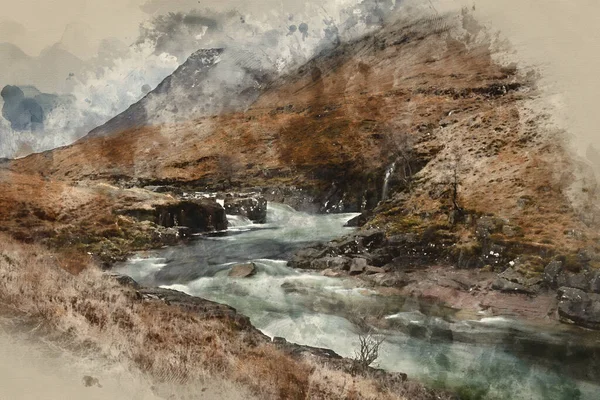 苏格兰高地河流瀑布与天幕瀑布美丽冬季风景画的数字水彩画 — 图库照片