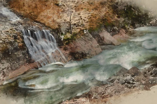 Cyfrowe Malarstwo Akwarelowe Piękny Obraz Krajobrazu Zimowego Rzeki Etive Skyfall — Zdjęcie stockowe