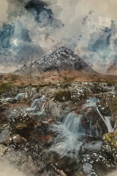 Pintura Digital Acuarela Impresionante Majestuoso Paisaje Atardecer Invierno Stob Dearg — Foto de Stock