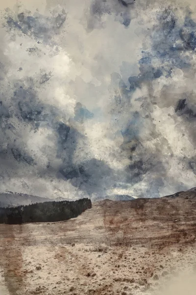 苏格兰高地雪山上戏剧性的大暴雨天空景观图像的数字水彩画 — 图库照片