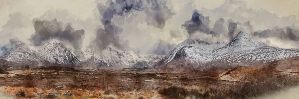 Digitális Akvarell Festmény Lenyűgöző Téli Panoráma Táj Kép Hegyvidéki Kilátás — Stock Fotó