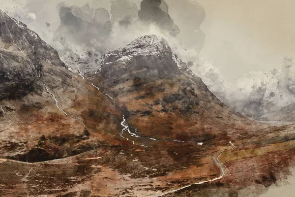 Digitale Aquarellmalerei Des Winterlandschaftsbildes Von Moibrunnengipfeln Den Schottischen Highlands — Stockfoto