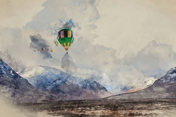 Digitale Aquarelverf Van Heteluchtballonnen Die Prachtige Winterse Landschapsbeelden Van Lost — Stockfoto