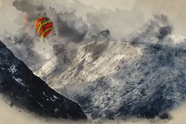 Digital Watercolour Painting Hot Air Balloons Flying Stunning Beautiful Winter — Stock Photo, Image