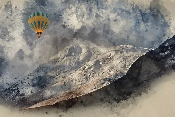 Digitale Aquarelverf Van Heteluchtballonnen Die Prachtige Winterlandschappen Vliegen Afbeelding Van — Stockfoto
