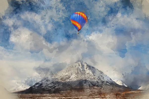Cyfrowe Malarstwo Akwarelowe Balonów Latających Nad Oszałamiającym Krajobrazem Zimowy Obraz — Zdjęcie stockowe