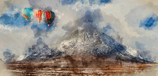 Digital Watercolour Painting Hot Air Balloons Flying Stunning Iconic Landscape — Stock Photo, Image