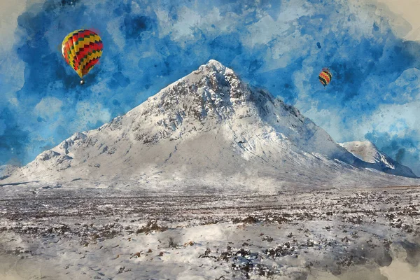 Digital Akvarellmålning Varmluftsballonger Som Flyger Över Fantastiskt Ikoniskt Landskap Vinterbild — Stockfoto