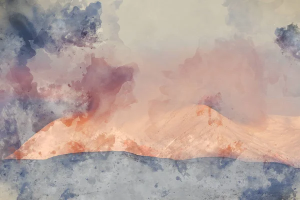 Digital Watercolour Painting Beautiful Alpen Glow Hitting Mountain Peaks Scottish — Stock Photo, Image