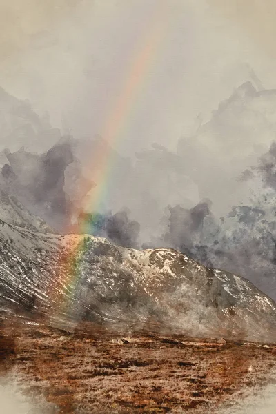 Digitaal Aquarelschilderij Van Beautiful Winter Landschapsbeeld Van Uitzicht Rannoch Moor — Stockfoto