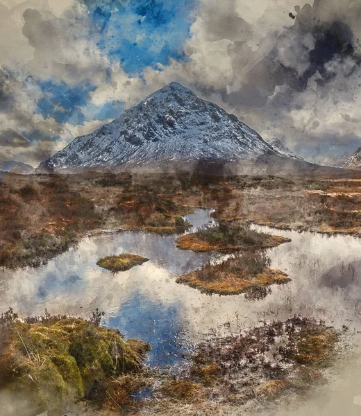 Digitalt Akvarellmaling Vakkert Vinterlandskapsbilde River Etive Forgrunnen Med Ikonisk Snødekt – stockfoto